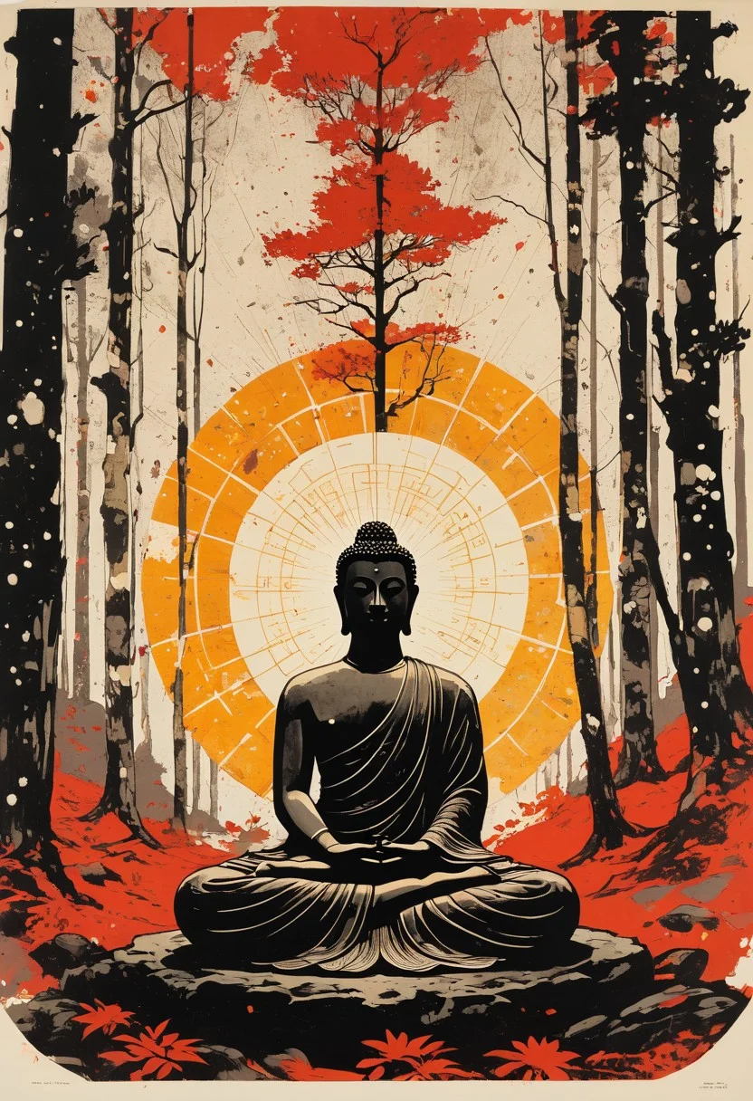 Buddha, buddha sitting under a tree, meditating, closed eyes, in the forest, godray, sunshine, (in the style of Frank Frazetta painting) Dean Cornwell, design, 1970s, Russian Constructivist style, double exposure, volumetric lighting, expressive, ancient starchart, ink spattered background, warm colors, space, art deco, splatter, Japanese Woodblock print, planar rectilinear shapes, extreme energy, dynamic posing, Dutch angle, black, Crimson<lora:xl_more_art-full_v1:0.3>