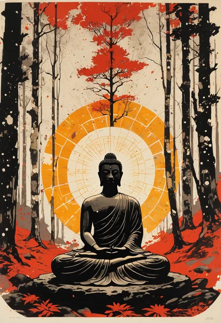 Buddha, buddha sitting under a tree, meditating, closed eyes, in the forest, godray, sunshine, (in the style of Frank Frazetta painting) Dean Cornwell, design, 1970s, Russian Constructivist style, double exposure, volumetric lighting, expressive, ancient starchart, ink spattered background, warm colors, space, art deco, splatter, Japanese Woodblock print, planar rectilinear shapes, extreme energy, dynamic posing, Dutch angle, black, Crimson<lora:xl_more_art-full_v1:0.3>