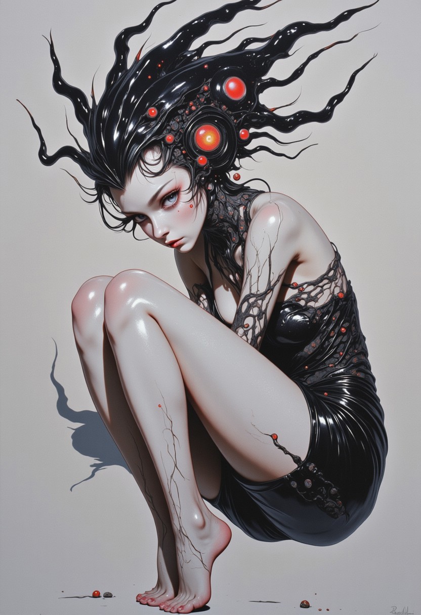 The theme of the painting is the play of shadows and light, and the skillful composition combines elements of watercolor and pastel. Surrealist portrait of an otherworldly being, its pallid, elongated face emerging from a stark grey background. The creature's skin is alabaster white, smooth and almost porcelain-like in texture. Its eyes, set deep in hollow sockets, gaze intensely at the viewer with an unsettling, alien intelligence. The being's head is adorned with a living, biomechanical crown that arches back symmetrically. This ornate headdress consists of glossy black segments reminiscent of an exoskeleton, each segment tipped with a vibrant red sphere, creating a hypnotic pattern of black and red. Similar biomechanical structures extend down the creature's neck and chest, forming an intricate, organic necklace. The overall composition evokes a sense of regal alienness, blending the biological with the mechanical in a dreamlike fusion. The lighting is soft yet dramatic, emphasizing the contrast between the being's pale skin and the dark, gleaming structures adorning it. This image captures a moment of surreal beauty and unease, challenging the boundaries between flesh and machine, familiar and foreign,barefoot, She sits with her legs bent and her feet extended towards the camera. The overall style is reminiscent of a glitch photograph, with overexposed areas and distorted shadows. The light in her hair adds volume, and the background shows a Zentangle pattern,