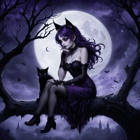 Gothic style, dark night scene, catgirl sitting on a tree branch, crescent moon, deep purple and black hues, starry sky, eerie atmosphere, glowing edges, detailed textures, high contrast, mystical and somber, Victorian Gothic elements, intricate shadows