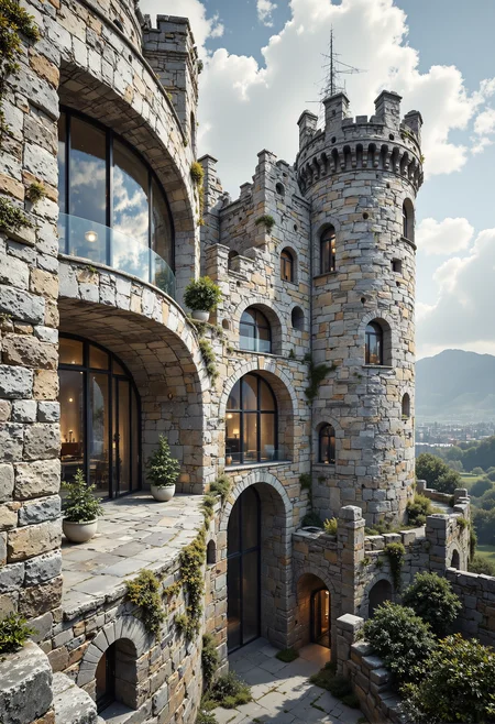 A striking fusion of ancient and modern architecture, featuring a grand castle ruin seamlessly integrated into a sleek, contemporary designer building. The towering weathered stone walls and turrets of the old castle, marked with time and history, stand preserved alongside expansive, sharp-edged modern stone façades. Large glass panels and minimalist steel accents frame the imposing structure, enhancing its majestic scale. The scene emphasizes the intricate interplay of textures, from the rough, moss-covered stones of the sprawling castle to the smooth, polished surfaces of the modern additions, showcasing the preservation of heritage within the context of cutting-edge architectural design. <lora:aidmaFLUXPro1.1-FLUX-v0.3.safetensors:1.0>, <lora:black_fantasy.safetensors:0.5>, <lora:aiai-Glimra-Flux-Dev-v2.safetensors:0.5>, <lora:NotTheRealWorld-v55-000010.safetensors:0.4>,