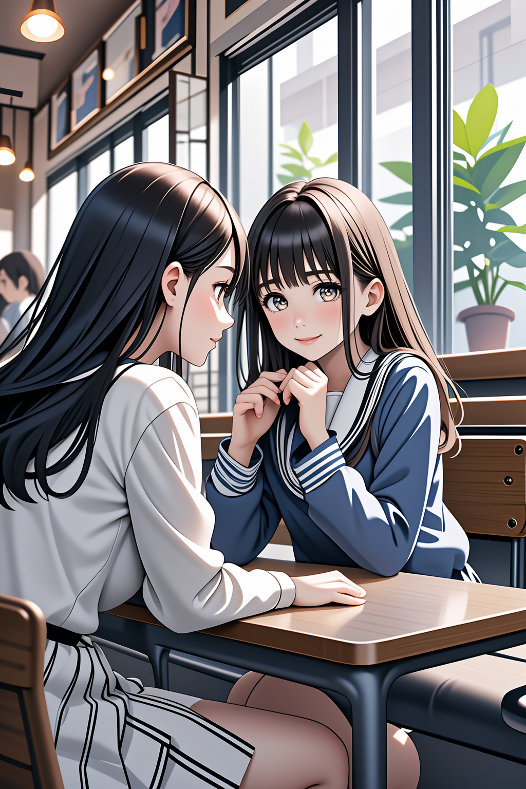 2 girls at coffee shop , sitting, school uniform, joyful talking, (anime) <lora:LCM_LoRA_Weights_SD15:1>