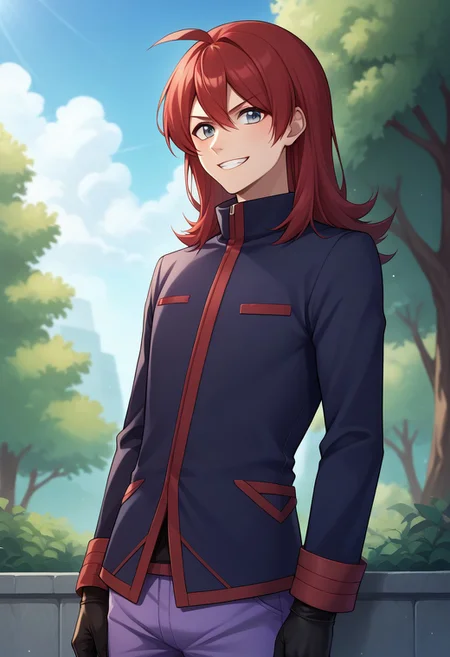 score_9, score_8_up, score_7_up, source_anime, highly detailed,
pokesilv, 1boy, male focus, solo, red hair, jacket, pants, grey eyes, purple pants, gloves,
standing, bangs, ahoge, long sleeves, long hair, black jacket, black gloves, upper body, grin,
outdoor, tree, sky,