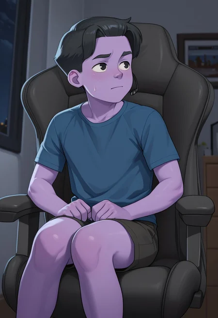 masterpiece, best quality, amazing quality,Oliver, Black Hair, Black Eyes, Purple Skin, Colored Skin,t-shirt,shorts,cute boy,living room, solo, male focus, 1boy,looking away, night,closed mouth,sitting on a gamer chair,toned,
