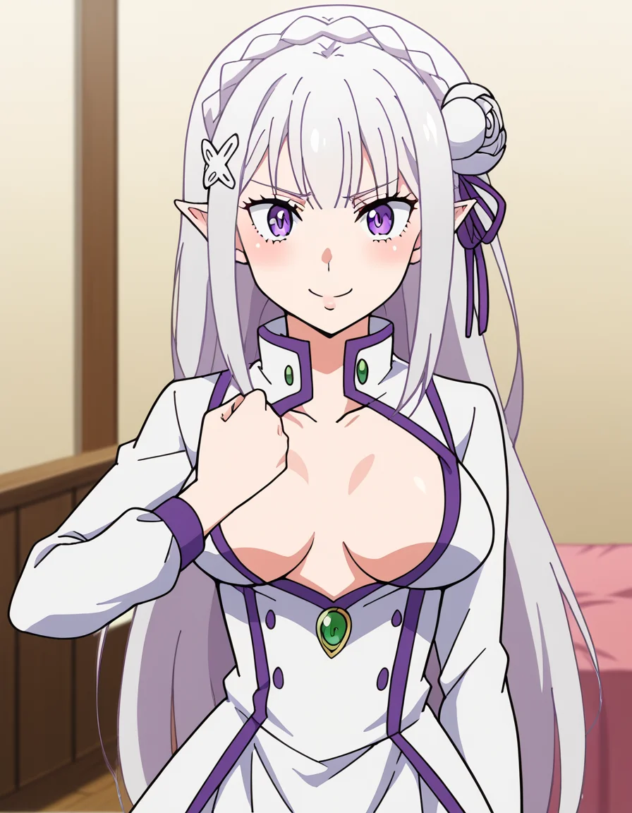 score_9, score_8_up, score_7_up, source_anime, <lora:rezero-emilia-s1s2-ponyxl-lora-nochekaiser:1>, emilia, braid, crown braid, flower, hair flower, hair ornament, hair ribbon, long hair, pointy ears, purple eyes, white hair, x hair ornament, medium breasts,, <lora:giorno-giovannas-pose-ponyxl-lora-nochekaiser:1>, giorno giovannas pose, giorno giovanna's pose (jojo), jojo pose, hand up, arm up, clenched hand, hand on waist,, blush, shirt, no bra, center opening, smile, bed room, collarbone,, cowboy shot