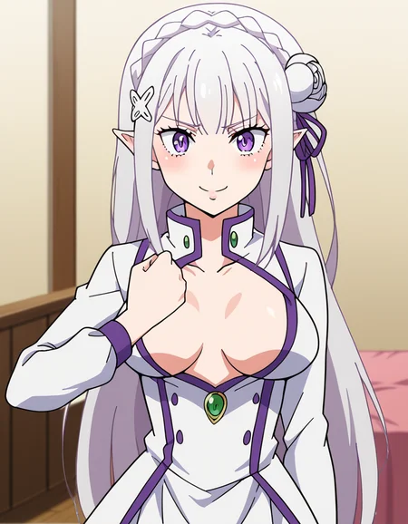 score_9, score_8_up, score_7_up, source_anime, <lora:rezero-emilia-s1s2-ponyxl-lora-nochekaiser:1>, emilia, braid, crown braid, flower, hair flower, hair ornament, hair ribbon, long hair, pointy ears, purple eyes, white hair, x hair ornament, medium breasts,, <lora:giorno-giovannas-pose-ponyxl-lora-nochekaiser:1>, giorno giovannas pose, giorno giovanna's pose (jojo), jojo pose, hand up, arm up, clenched hand, hand on waist,, blush, shirt, no bra, center opening, smile, bed room, collarbone,, cowboy shot