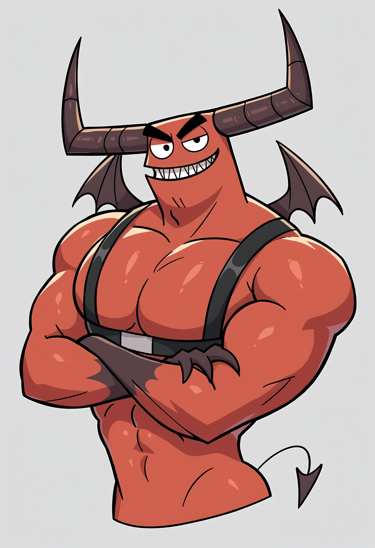 zPDXL3, score_9, score_8_up, score_7_up, detailed face, detailed body, detailed background, perfect anatomy, masterpiece, high quality, best quality, rating_safe  BREAK three-quarter portrait,  demon_rs, demon, red skin, horns, demon wings, muscular, broad shoulders, sharp teeth, harness, half-closed eyes, crossed arms, seductive, seductive smile, looking at viewer  <lora:Demon_RatSnacks_V1:1> <lora:detailed_notrigger:1>