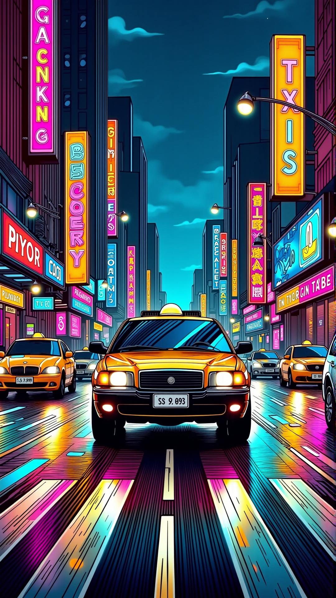 colorful, a modern taxi waiting for passengers on a wet city road<lora:NoctichromeFlux:0.9>
