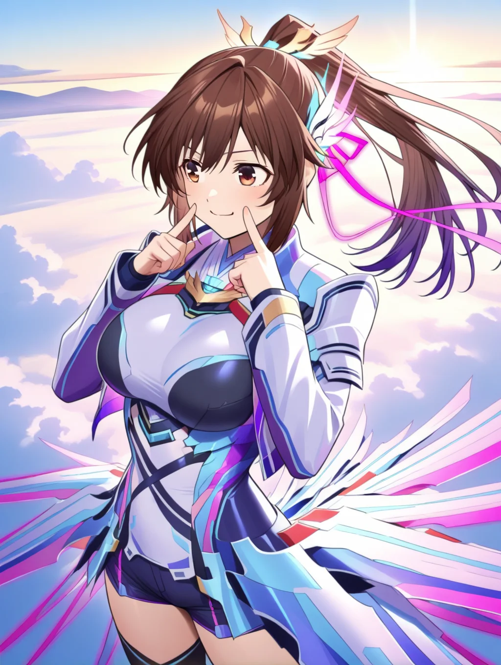 perfect quality,best quality,absolutely eye-catching,ambient occlusion,raytracing BREAK
1girl,<lora:sinnkyuu IL v1.1:1>,sinnkyuu,brown eyes,brown hair,ponytail,hair ornament,long sleeves,open coat,edge skirt,sky,flying,wind,purple edge,short shorts,hands_on_hips,fingersmile,upper_body,