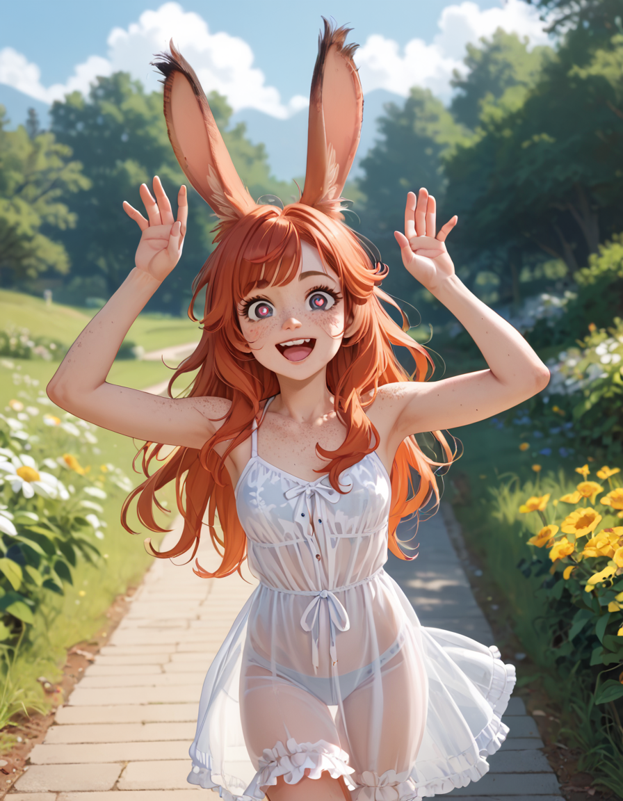 (score_9), cute viera, summer dress, see-through, heart shaped pupils, freckles, excited, outdoors