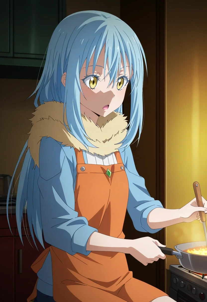 masterpiece, best quality, , anime screencap, anime coloring, , , , 1girl, solo, <lora:rimuru_tempest_ilxl:0.98>, rimuru_tempest, blue hair, yellow eyes, long hair, bangs, hair between eyes, fur trim, cowboy shot, kitchen, cooking, indoors, dark, sitting, open mouth,