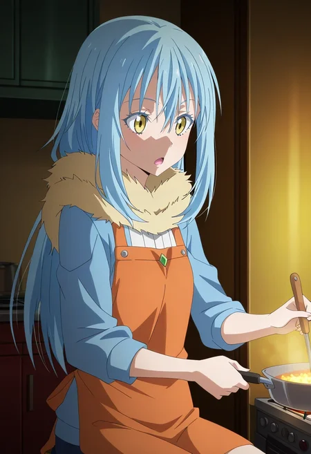masterpiece, best quality, , anime screencap, anime coloring, , , , 1girl, solo, <lora:rimuru_tempest_ilxl:0.98>, rimuru_tempest, blue hair, yellow eyes, long hair, bangs, hair between eyes, fur trim, cowboy shot, kitchen, cooking, indoors, dark, sitting, open mouth,