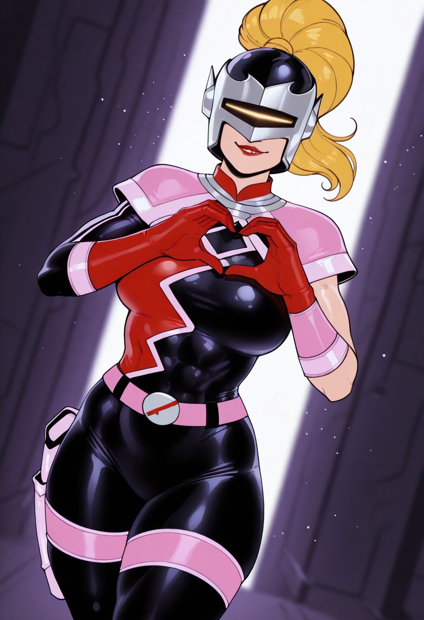 MandoraTC, 1girl, solo, blonde hair, long hair, ponytail, helmet, mask, yellow visor, lips, red lipstick, large breast, pink shoulder wrap, multicolored bodysuit, asymmetrical clothes, pink vambraces, red gloves, thick thighs, belt, red boots, tight bodysuit, shoulder pads, thigh holster,
,seductive pose, sexy pose, tease, 
masterpiece, best quality, fine details, intricate details, depth of field, subsurface scattering, bokeh,
 ultra-detailed, very aesthetic, detailed background, newest, scenery, highres, absurdres, colorful, vibrant, glowing, perfect face, 2d, perfect eyes,  vibrant saturated colors, volumetric lighting, sharp, detailed eyes, perfect anatomy,  perfect face, perfect eyes, mature body, clear eyes, beautiful eyes, athletic, curvy body, athletic girl, perky tits, perfect tits, round breasts, pinup pose, teasing, lustful expression, perfect hands, 
muscular female, dutch angle, 
naughty smile, heart hands,hearts,
,Smooth Negative, Smooth_Quality,