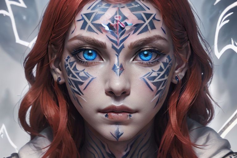 bright red hair, human female, (feminine:1.7), (beautiful face, detailed face:1.6), (beautiful eyes, detailed eyes:1.7), (looking at viewer, eye contact, intense:1.6), (long hair, red hair, curly hair:1.3), , ((masterpiece, best quality, high resolution, realistic, best quality,)), photo realistic, Perfect Face, (detailed face). <lora:GoodHands-vanilla:0.6> <lora:add-detail-xl:0.8>, mage, (Dress White military uniform coat), dagger, rune dagger, glowing runes, , (((glowing magic symbols tattoos, religious tattoos))), ((face tattoos)), glowing tattoos, stone tower in the background