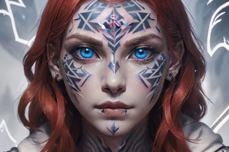 bright red hair, human female, (feminine:1.7), (beautiful face, detailed face:1.6), (beautiful eyes, detailed eyes:1.7), (looking at viewer, eye contact, intense:1.6), (long hair, red hair, curly hair:1.3), , ((masterpiece, best quality, high resolution, realistic, best quality,)), photo realistic, Perfect Face, (detailed face). <lora:GoodHands-vanilla:0.6> <lora:add-detail-xl:0.8>, mage, (Dress White military uniform coat), dagger, rune dagger, glowing runes, , (((glowing magic symbols tattoos, religious tattoos))), ((face tattoos)), glowing tattoos, stone tower in the background