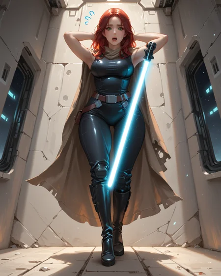 PonyScores7, source_anime, ah1, 1girl, long hair, mature female, (parted hair:1.7), (curvy), round-chin, caucasian, skindentation, thick thighs, wide hips, busty, voluptuous, lips, bad-hands-5, <lora:venus body PonyXL:0.6>, <lora:xl_more_art-full_v1:0.3>, <lora:shinyskin2:0.3> glistening skin, <lora:aesthetic_anime_v1s:0.3>, <lora:Expressive_H:0.3> Expressiveh, <lora:hairdetailpxl:0.3> hairdetailpxl, <lora:EpicF4nta5yXL:0.3>, <lora:detailxl:0.3> detailxl, <lora:Fant5yP0ny:0.3>, best quality, amazing quality, best aesthetic, absurdres, <lora:expressive eyes:0.3> expressive eyes, <lora:eyedetailpxl:0.3> eyedetailpxl, illustration, Volumetric_Lighting, ultra-detailed, very aesthetic, intricate details, 8k, masterpiece, best_quality, (averting eyes, sweatdrop, nervous, surprised, open mouth, @ @, flying sweatdrops), (Low angle view Extreme Close shot (focus on legs)), (Arms behind head on a wall), <lora:Eyes_High_Definition:0.3> EyesHD, looking at viewer, Stable_Yogis_PDXL_Positives, AS-Adult, <lora:Mara_Jade_Skywalker:0.8> Mara Jade, Red hair, green eyes, black high heeled boots, (a purple-bladed lightsaber), (tattered brown cloak, sleeveless leather cat suit), in desolate-planet , at dawn, star_wars, <lora:Plasma_Sword:0.8> purple Plasma Sword, Holding Plasma Sword