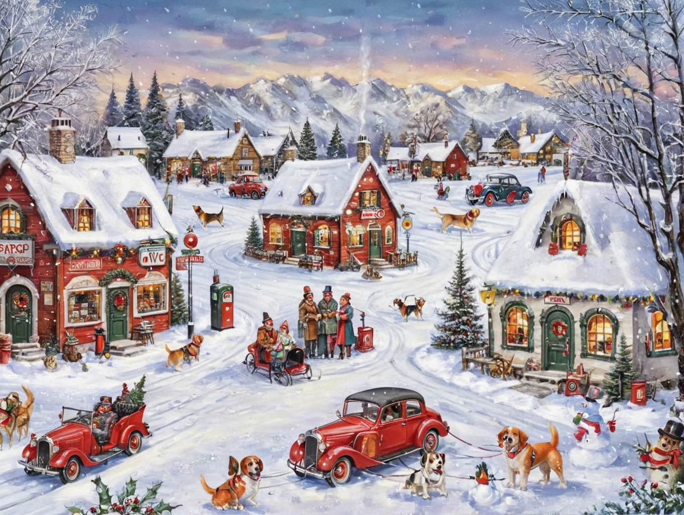 vxc, a winter village surrounded in snow, petrol station, vintage car, dog, snowman <lora:Vintage_Christmas_Card_Generator_XL-KK:0.8>
