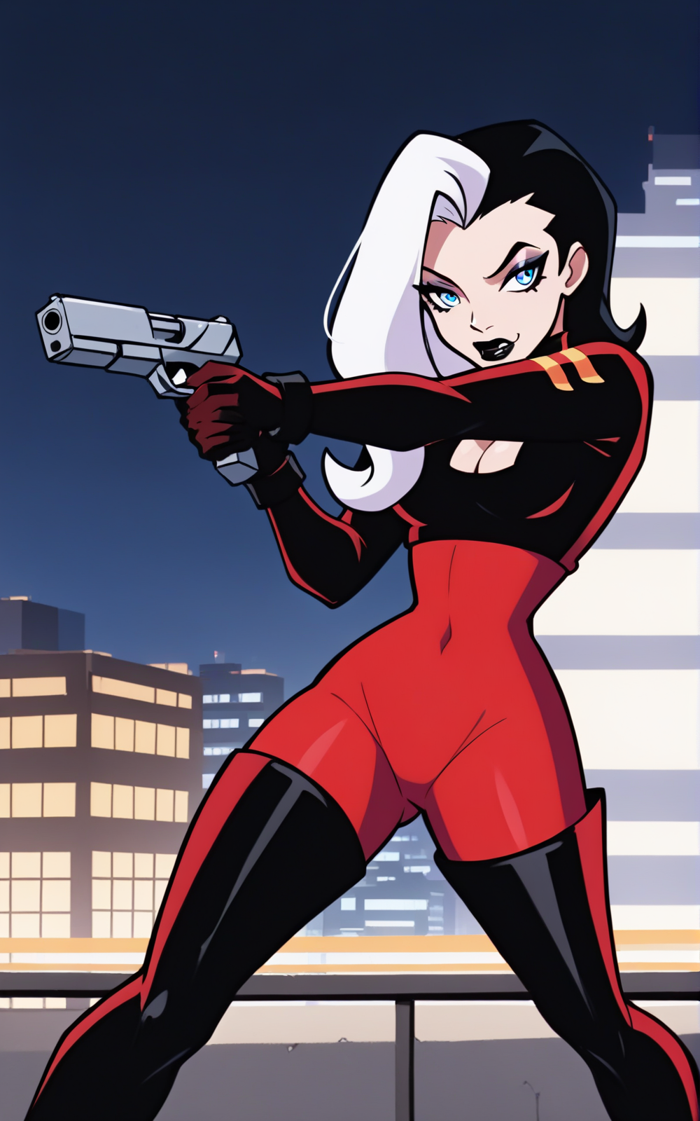 best quality, absurdres,<lora:BolivanteStyleITS:0.8>,   <lora:LBBITS:0.8>, LBBITS, split-color hair, red bodysuit, black bodysuit, black hair,long hair,thighhighs, gloves, cleavage, white hair, multicolored hair, boots, high heels, two-tone hair, clothing cutout, bodysuit,makeup, thigh boots, cleavage cutout, lipstick, high heel boots, black lips, long sleeves, black sleeves, blue eyes, action pose, holding gun, city, outside, night