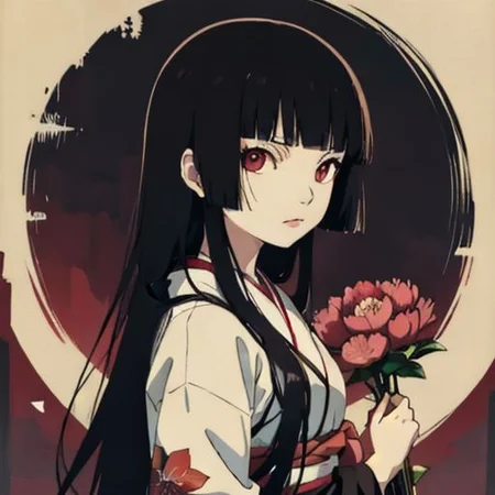 enma ai, hair down, hair black, bangs, eyes red, masterpiece, best quality, ultra-detailed, illustration, 1girl, solo, highres, photorealistic, ultra high res, (Original illustration composition), (fusion of limited color, Maximalism artstyle, kimono obi fashion, double exposure, background, illustration, Amazing, lily spider, night darkness, open one's mouth, flowers red, (polychromatic peony:1.15), Movie poster,