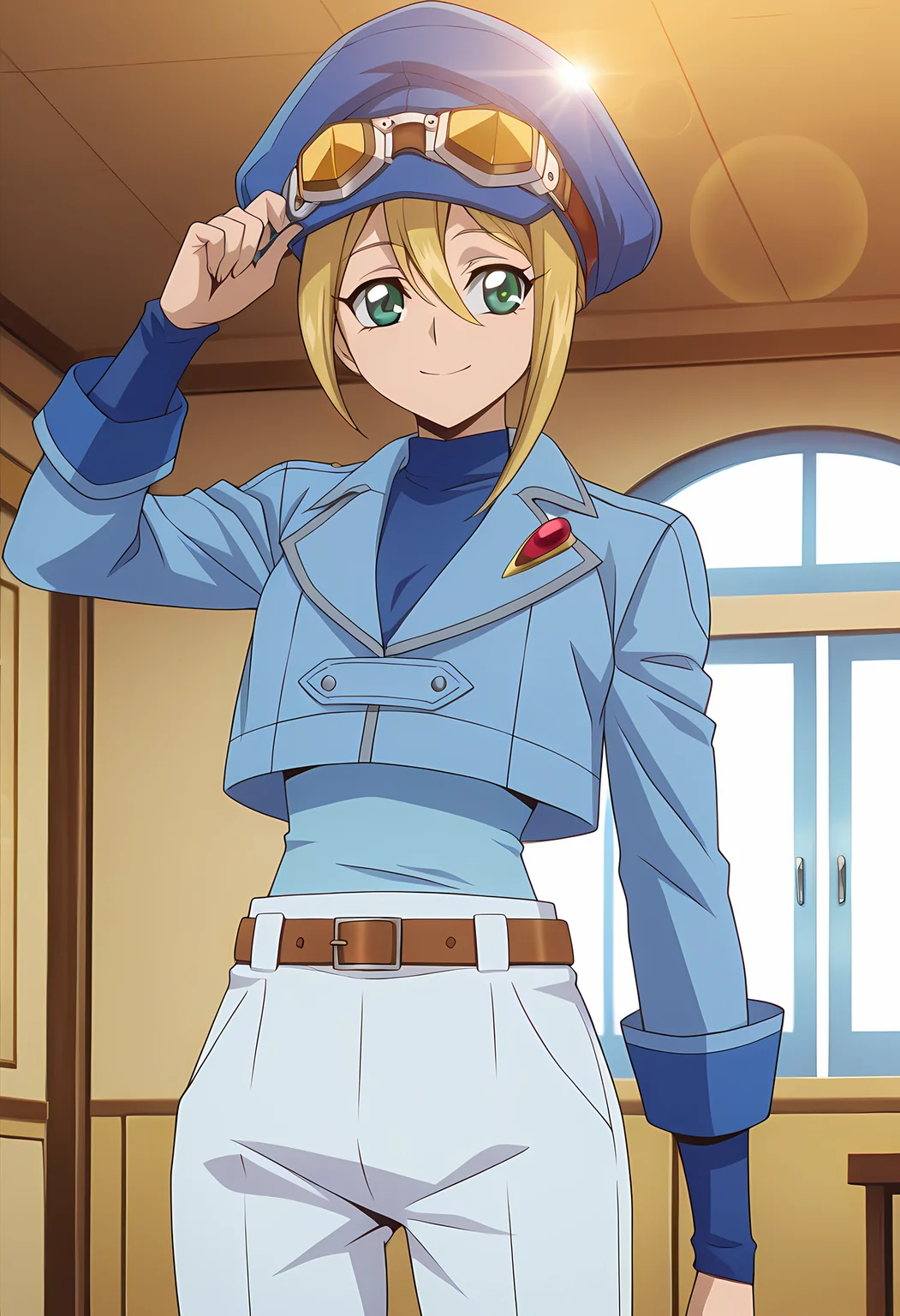 masterpiece,best quality,amazing quality,
1girl, solo,
Megumi Okura (Cardfight Vanguard), blonde hair, hair between eyes, green eyes,
short hair, hat, blue headwear, cabbie hat, goggles, uniform, cropped jacket, blue shirt, long sleeves, blue jacket, belt, white pants,
cinematic, smile, fixing hat,
Indoors,
Lens flare, bloom,
Official style, anime screencap, anime coloring,
