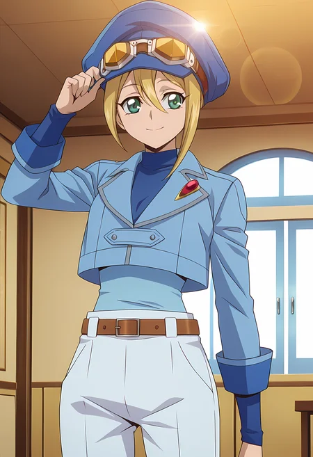 masterpiece,best quality,amazing quality,
1girl, solo,
Megumi Okura (Cardfight Vanguard), blonde hair, hair between eyes, green eyes,
short hair, hat, blue headwear, cabbie hat, goggles, uniform, cropped jacket, blue shirt, long sleeves, blue jacket, belt, white pants,
cinematic, smile, fixing hat,
Indoors,
Lens flare, bloom,
Official style, anime screencap, anime coloring,