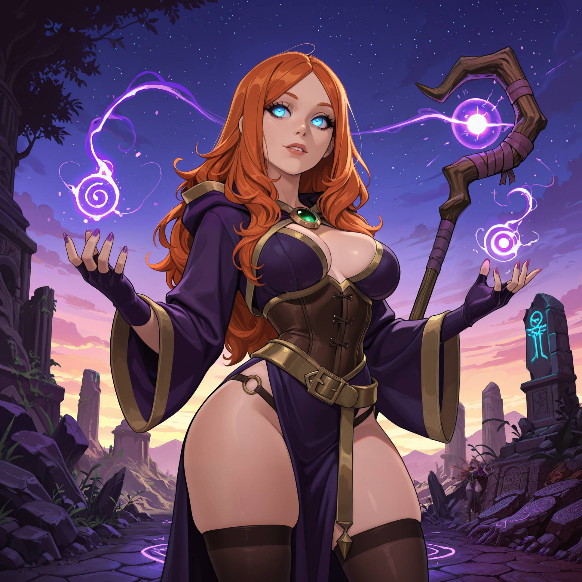 2d, very awa, absurdres,

masterpiece, best quality, highres,

eye contact:1.15, facing viewer:1.25, cowboy shot, pinup pose, sexy pose,

BREAK

1girl, solo, female mage, sorceress, ((thick bangs)), ((long layered hair)), glowing eyes, long eyelashes, soft round face, elegant features, __natural_skin_tones__, __natural_eye_color__, __natural_hair_color__, __randomized_hair_style__, __breast_size__,

slender curvy figure, small waist, wide hips, hourglass silhouette, graceful posture, magical aura surrounding hands, subtle skindentation,

BREAK

deep purple and gold-trimmed robe with high slit, revealing enchanted corset, thigh-high stockings with arcane glyphs, golden belt with gemstone center, sheer cape flowing behind, fingerless gloves glowing with spell runes, staff strapped to back,

BREAK

detailed background, detailed scenery, outdoors, mystical mountain ruins under a twilight sky, glowing magical symbols on stone structures, swirling arcane energy in the air.