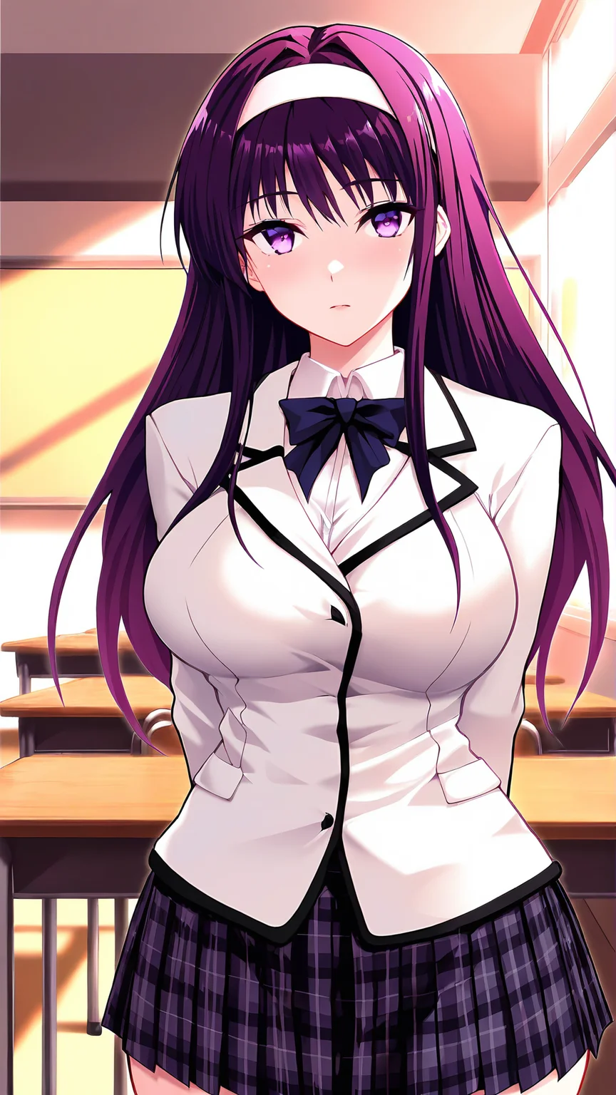 amazing quality,absurdres,best quality,masterpiece,highres,newest,detailed,detailed body,detailed face,masterpiece,best quality,solo,
rio,1girl,solo,long hair,purple eyes,school uniform,hairband,skirt,purple hair,plaid skirt,bow,<lora:rio:1>,