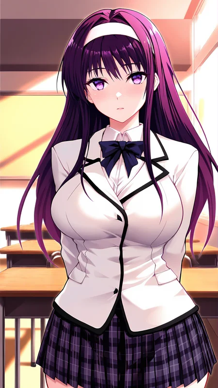 amazing quality,absurdres,best quality,masterpiece,highres,newest,detailed,detailed body,detailed face,masterpiece,best quality,solo,
rio,1girl,solo,long hair,purple eyes,school uniform,hairband,skirt,purple hair,plaid skirt,bow,<lora:rio:1>,
