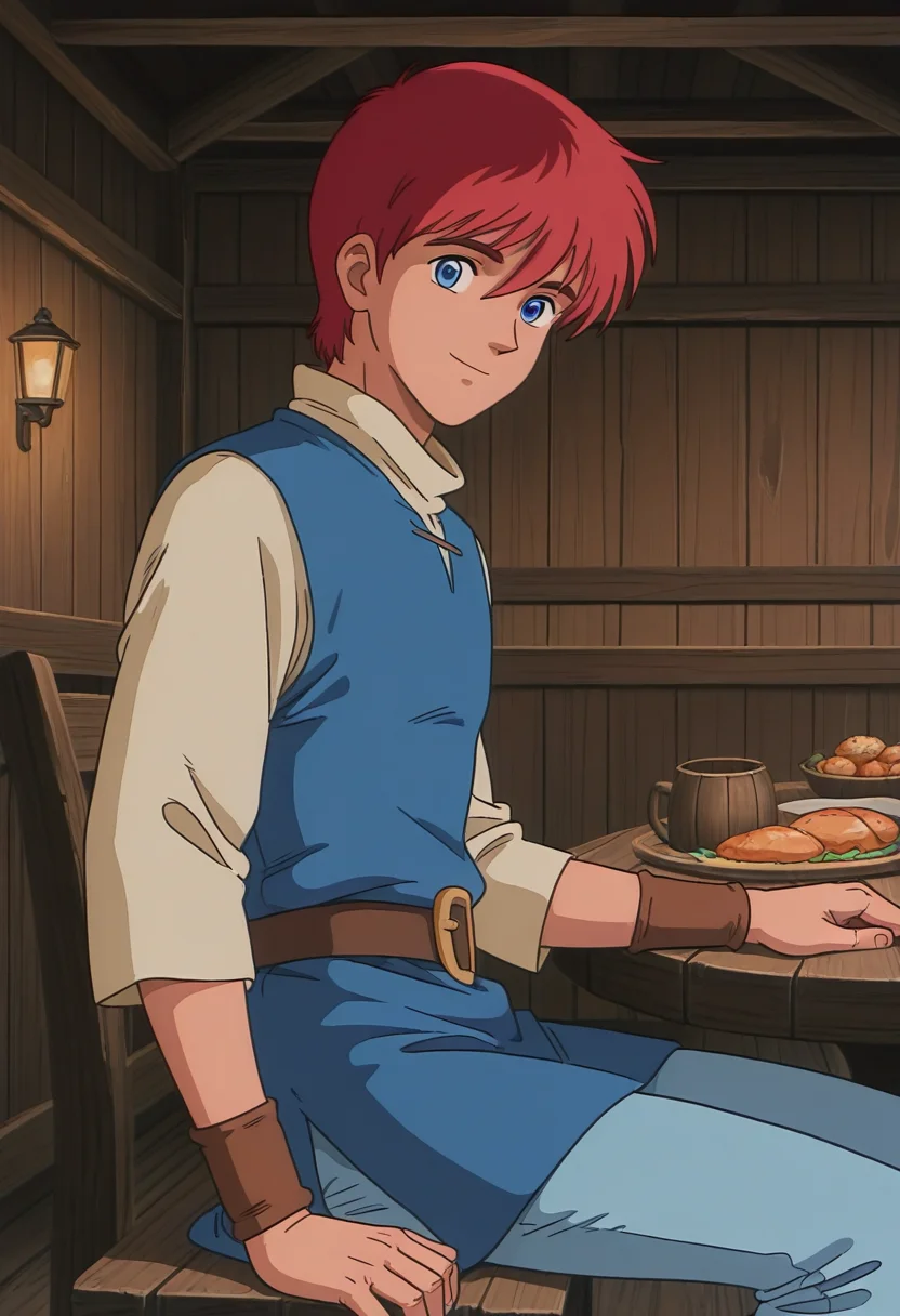 1boy, solo, adolysiova, red hair, short hair, blue eyes, shirt, long sleeves, high collar, tunic, belt, pants, wristbands, indoors, tavern, sitting, table, food, from side, looking at viewer, smile,