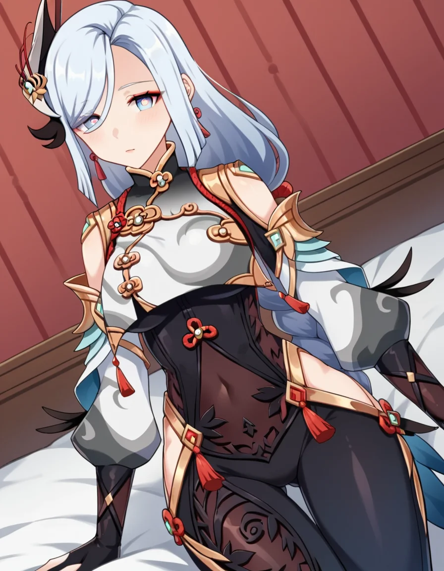 score_9, score_8_up, score_7_up, source_anime,
shenhe, <lora:genshin-shenhe-ingame-ponyxl-lora-nochekaiser:1>,
shenhe, blue eyes, braided ponytail, earrings, eyelashes, eyeliner, eyes visible through hair, eyeshadow, hair between eyes, makeup, red eyeshadow, sidelocks, single earring, symbol-shaped pupils, tassel, tassel earrings, white hair, long hair,
arm support, bare shoulders, black bodysuit, black gloves, bodysuit, breast curtain, chinese knot, clothing cutout, covered navel, detached sleeves,gloves, gold trim, hip vent, jewelry, long sleeves, partially fingerless gloves, puffy detached sleeves, puffy long sleeves, puffy sleeves, shoulder cutout, side cutout, stomach cutout, thigh cutout, white sleeves,
indoors, bed, bed room, on side, blush, drunk,
looking at viewer, cowboy shot, dutch angle,