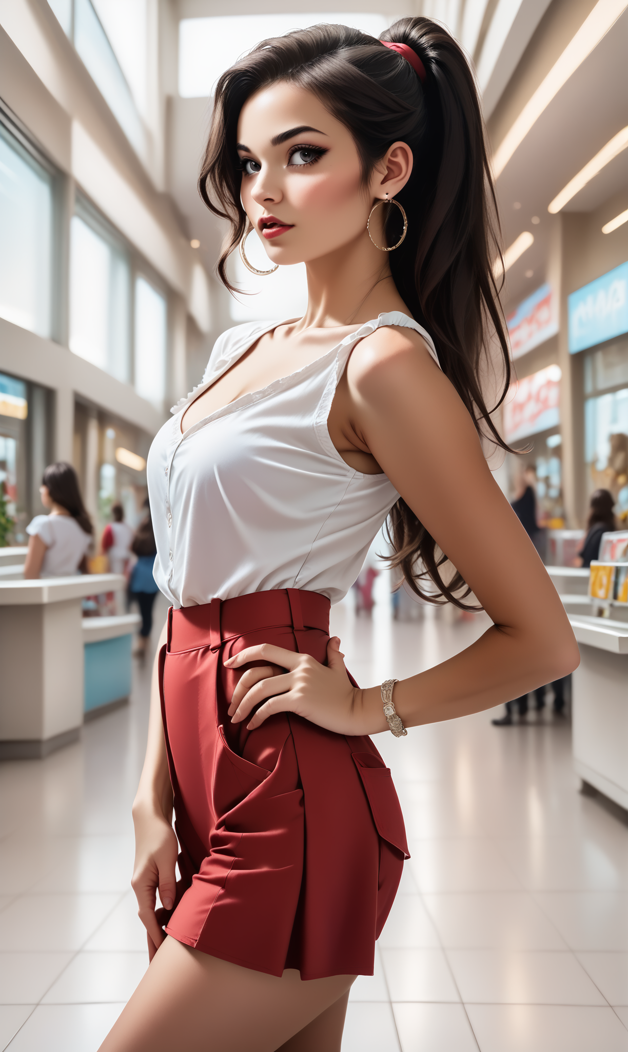 score_9, score_8_up, score_7_up,  prebac, frontlb, side view of (slim 25yo girl) is presenting backside in a crowded mall. red skirt, white blouse,  long brunette ponytail  
 <lora:PresentBacksidePony.0.9:1>