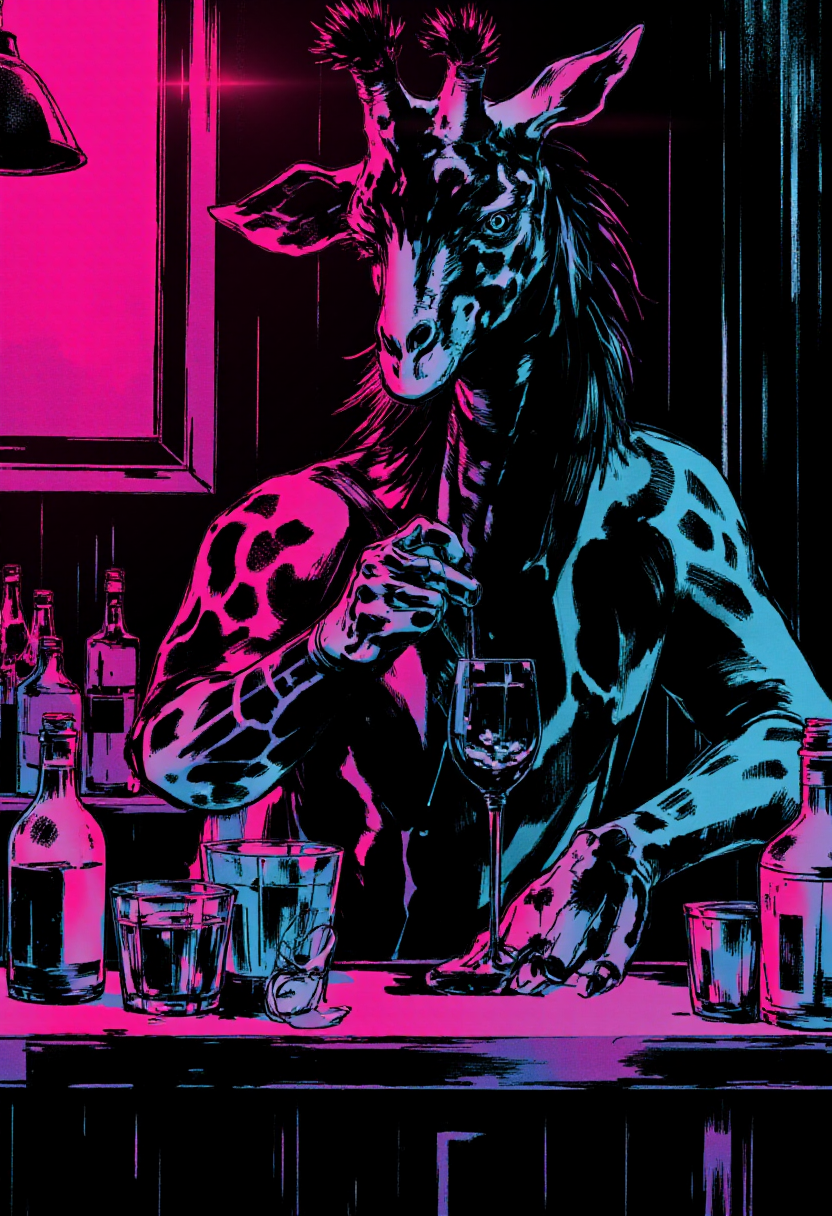 <lora:Yoji_Shinkawa_Style_FLUX-000012:0.9>
This is a digital illustration in a manga-inspired, dark, and gritty yshinkawa style. The artwork features   A giraffe standing at a bar mixing drinks in a neon-lit setting.