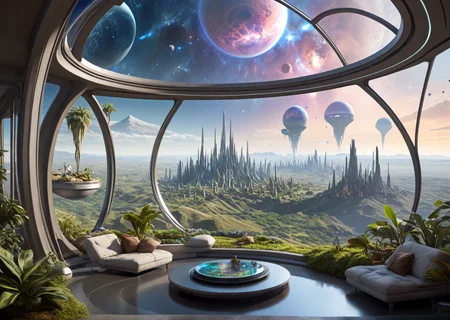 A scenic view from a futuristic, eco-friendly habitat harmoniously integrated with the alien landscape of a distant planet, as seen through the expansive, dome of an elevated flat structure,dome of an elevated towering structure, with inhabitants engaged in leisurely activities at a distance,
lounging figures, holographic projections or data pads, exotic beverages or snacks, pets or robots, plants and trees with iridescent or bioluminescent foliage, unearthly colors of the planet's terrain, delicate, winged creatures or hovering drones, a sprawling, alien garden or observatory, the city's inhabitants moving about in the background, intricate patterns or organic textures, a serene, tranquil atmosphere,
(trending:0.89) (epic:1.2, (high image quality:1.08), (RAW:0.75),high definition,amazing quality, absurdres, <lora:LCMTurboMix_Euler_A_fix.safetensors:0.96:0.3> <lora:sdxl\pony-realism-22-nsfw-photo.safetensors:0.85:0.18> <lora:sdxl\add-detail-xl.safetensors:0.87:0.10 p13,s1