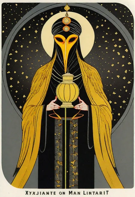 dark grey background, art deco, occultist, antiquarian, ((man in byzantine robes)), ornate lantern, ((man wearing golden ibis mask)), (man wearing turban), ((black and yellow robes)), ((upwards shoulder pads)),