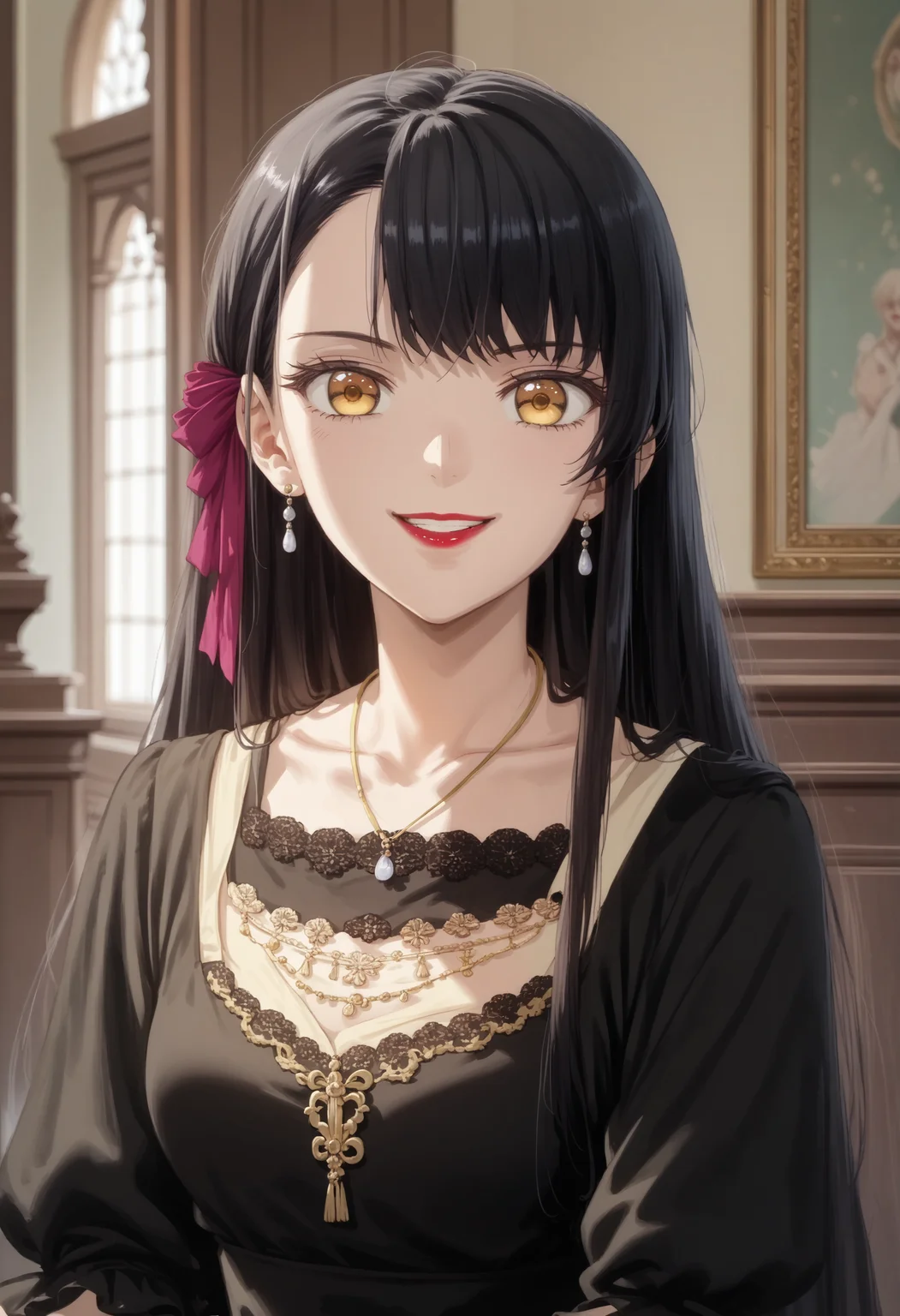score_9, score_8_up, score_7_up, score_6_up, detailed, 1girl, solo, source_anime,
WilliamsAlicia<lora:WilliamsAlicia>, (black hair), long hair, golden eyes, jewelry,necklace, ribbon, hair ribbon, williamsalicia, alicia, Villainess, smile,
An oil-painting of a close-up portrait of a woman, gazing slightly upwards with a serene, ethereal expression. She wears bold red lipstick, enhancing her fair, porcelain-like skin, black dress,