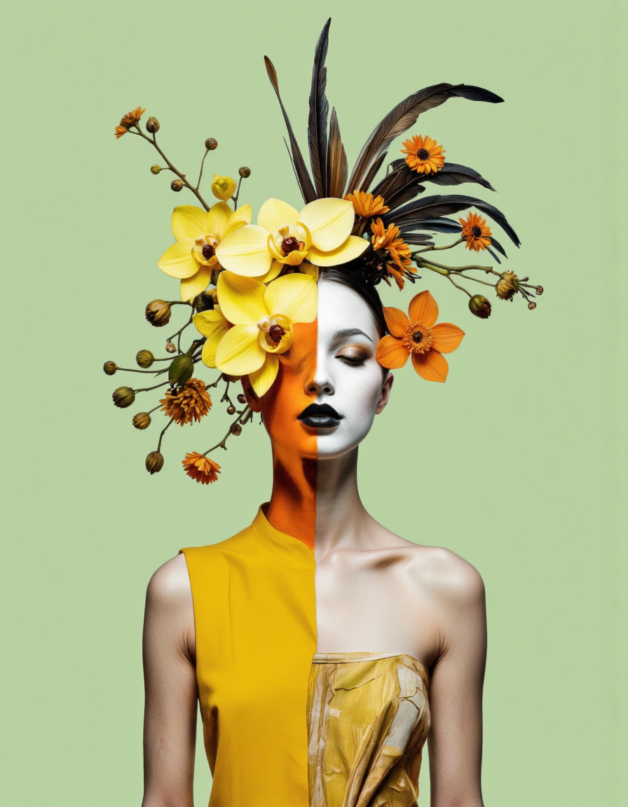 By Tom Nulens. A photo-realistic portrait shoot from a frontal camera angle about a stylized portrait of a woman with a unique headpiece adorned with yellow orchids and foliage. the image also shows a striking contrast between the two colors. on the middle of the image, a woman appears to be facing the viewer, with her eyes closed, wearing a sleeveless yellow dress that is cut in half, revealing her bare shoulders and black lips. she has a slim body and a bald head, and her face is painted with a combination of white and orange colors. her hair is adorned with large, yellow flowers and orange flowers, and she is wearing a feathered headpiece. the background is a solid, light green color, and the overall aesthetic is minimalistic with a focus on the woman's face and hair. <lora:Tom_Nulens:0.8045440673828125>