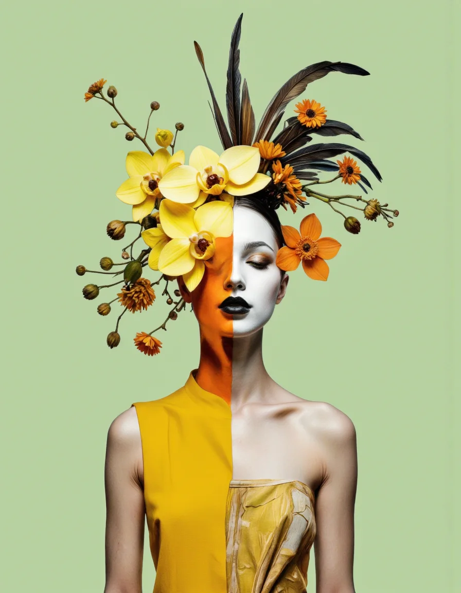 By Tom Nulens. A photo-realistic portrait shoot from a frontal camera angle about a stylized portrait of a woman with a unique headpiece adorned with yellow orchids and foliage. the image also shows a striking contrast between the two colors. on the middle of the image, a woman appears to be facing the viewer, with her eyes closed, wearing a sleeveless yellow dress that is cut in half, revealing her bare shoulders and black lips. she has a slim body and a bald head, and her face is painted with a combination of white and orange colors. her hair is adorned with large, yellow flowers and orange flowers, and she is wearing a feathered headpiece. the background is a solid, light green color, and the overall aesthetic is minimalistic with a focus on the woman's face and hair. <lora:Tom_Nulens:0.8045440673828125>