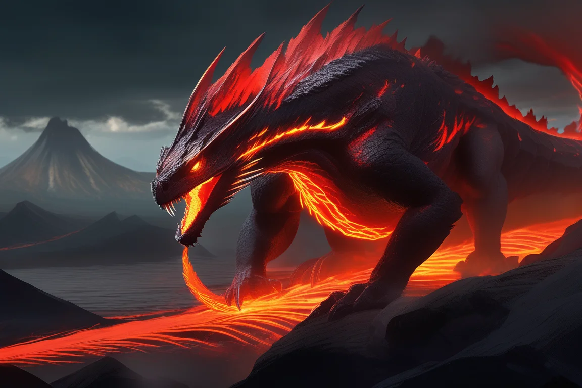 concept art Ultra detailed textures, masterpiece, cgi art, ultra defined colors, 8k, cinematic, wide-angle shot, basx, in the fiery glow of an active volcanic crater, a metallic red basilisk is looking at the viewer, its body coiled in a predatory arc. The heat distorts the air, creating shimmering waves around its form, while its scales glisten with a molten, lava-like glow. A side angle shot enhances the dynamism of its pose, with the vibrant reds and oranges of the lava contrasting against the dark, rocky surroundings. Smoke and embers swirl around it, adding to the ferocious energy of the moment.
<lora:Basilisk:1> basx . digital artwork, illustrative, painterly, matte painting, highly detailed