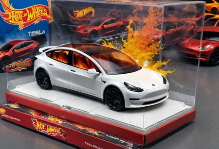 Hot Wheels toy car company have made a toy car version of a Tesla Model 3, The toy telsa model 3 car comes in a mini display unit/box. The car is exploding into fire and flames, white smoke fills the top of the display box, (realistic explosion from car), (realistic Flames bellow from the car windows inside the display unit), (standing next to the car is a little palstic toy man, he holds both arms in the air,