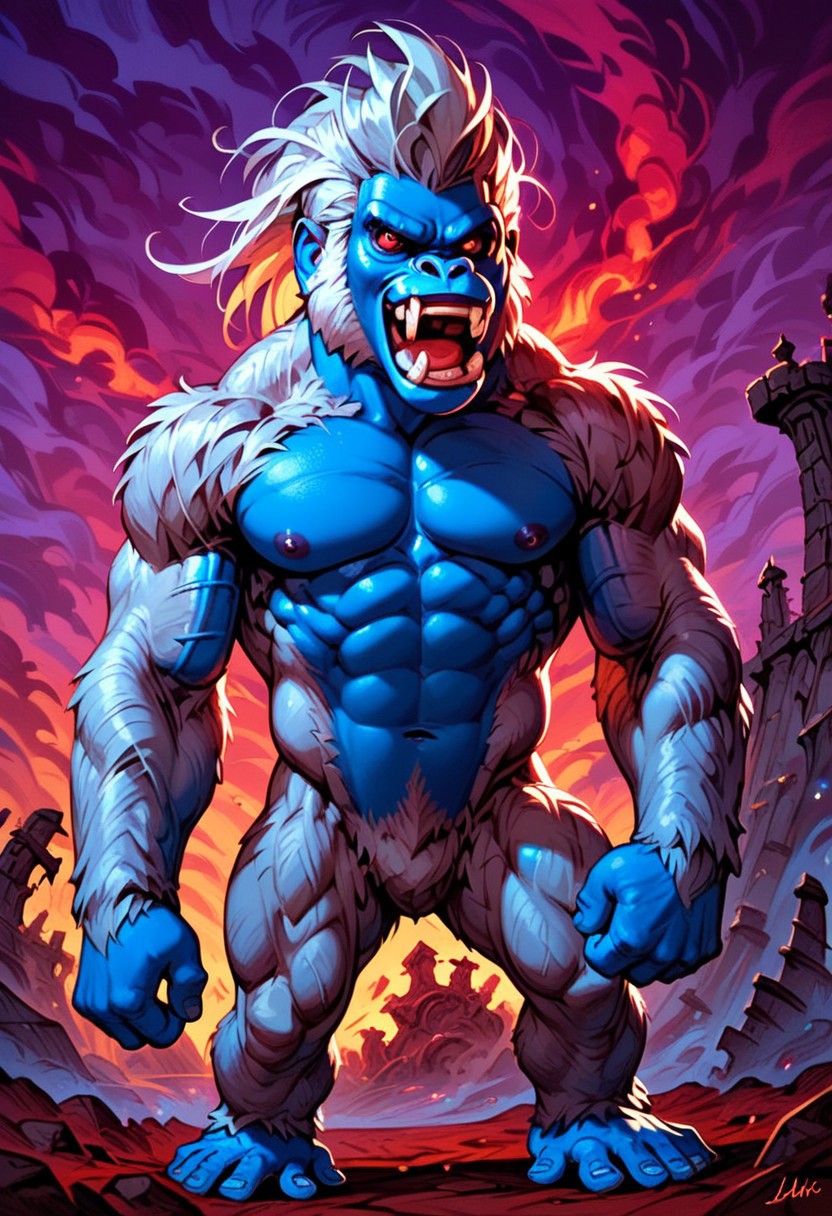 DonMC0m1cM4g1cXL, (dark, fantasy, magical, eerie) score_9, score_8_up, score_7_up, score_6_up, Blizzard_Primal, chimpanzee, monkey, monster, blue skin, white fur, brown fur, multilocored fur, red eyes, fangs, BREAK, background, plain, purple sky