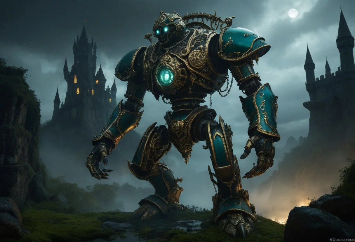 giant bipedal robot brass and dark teal striped paint, bronze paisley robot. lacy robot metal. glass helmet torso head. outside of a steampunk keep. large detailed torso. dark image. one forty foot tall ancient robot with great arms and two heavy spring legs. dark foggy night background. $dark foggy night image only. dark photo realistic image. steampunk details. cogs, chains and pipes incorporated in the fantasy buildings. magic wizards tower in background. Dark swamp, moss, castle ruins, wizards tower. stormy dark night. stormy sky. rain