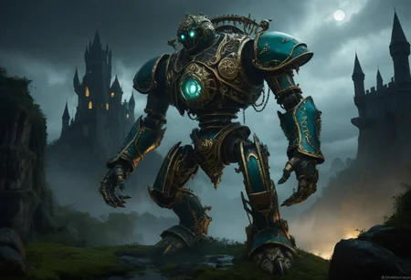 giant bipedal robot brass and dark teal striped paint, bronze paisley robot. lacy robot metal. glass helmet torso head. outside of a steampunk keep. large detailed torso. dark image. one forty foot tall ancient robot with great arms and two heavy spring legs. dark foggy night background. $dark foggy night image only. dark photo realistic image. steampunk details. cogs, chains and pipes incorporated in the fantasy buildings. magic wizards tower in background. Dark swamp, moss, castle ruins, wizards tower. stormy dark night. stormy sky. rain