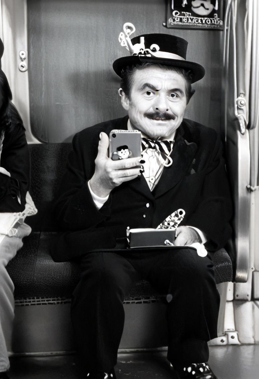 (((black and white, legsonthetra1n, from front, sitting across from viewer, train interior, holding phone, leg focus))),((small man with mustache, top hat, kenbis, chibi, chibi, male only, male, male chibi, monocle, art deco, thick mustache, comically large mustache, handlebar mustache, tiny, multiple men, shrunk, microxl, some little guys,  high angle, from above)), bwMovies, realistic, photo, vintage photo, ((very small man, small man, a small man, a man who is small, a small man)), an unapologetically small human male, black and white, smiling, very happy, euphoric, ecstatic, wonderful small men, large smile, huge smile