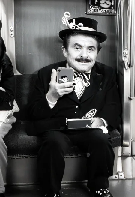 (((black and white, legsonthetra1n, from front, sitting across from viewer, train interior, holding phone, leg focus))),((small man with mustache, top hat, kenbis, chibi, chibi, male only, male, male chibi, monocle, art deco, thick mustache, comically large mustache, handlebar mustache, tiny, multiple men, shrunk, microxl, some little guys, high angle, from above)), bwMovies, realistic, photo, vintage photo, ((very small man, small man, a small man, a man who is small, a small man)), an unapologetically small human male, black and white, smiling, very happy, euphoric, ecstatic, wonderful small men, large smile, huge smile