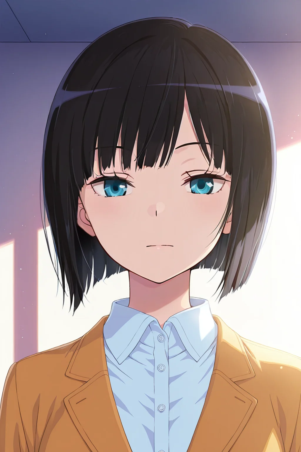 front view,
1girl,upper body,looking at viewer,
Best quality,masterpiece,soft light,official art,high quality,highres,absurdres,epic scene,natural textures,<lora:Yuka Kon IL:1>,yuka kon,black hair,short hair,bob cut,collared shirt,jacket,