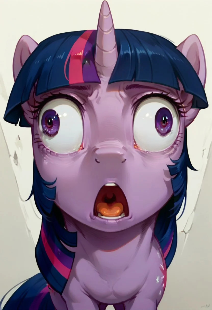 score_9, score_8_up, score_7_up, score_6_up, score_5_up, source_furry, source_furry, 1girl, pony, feral, MarcilleWalleyed,Derpface,open mouth, Wall eyed, , Purple Skin, Purple Eyes, Twilight Sparkle_(mlp), insanity-angle,