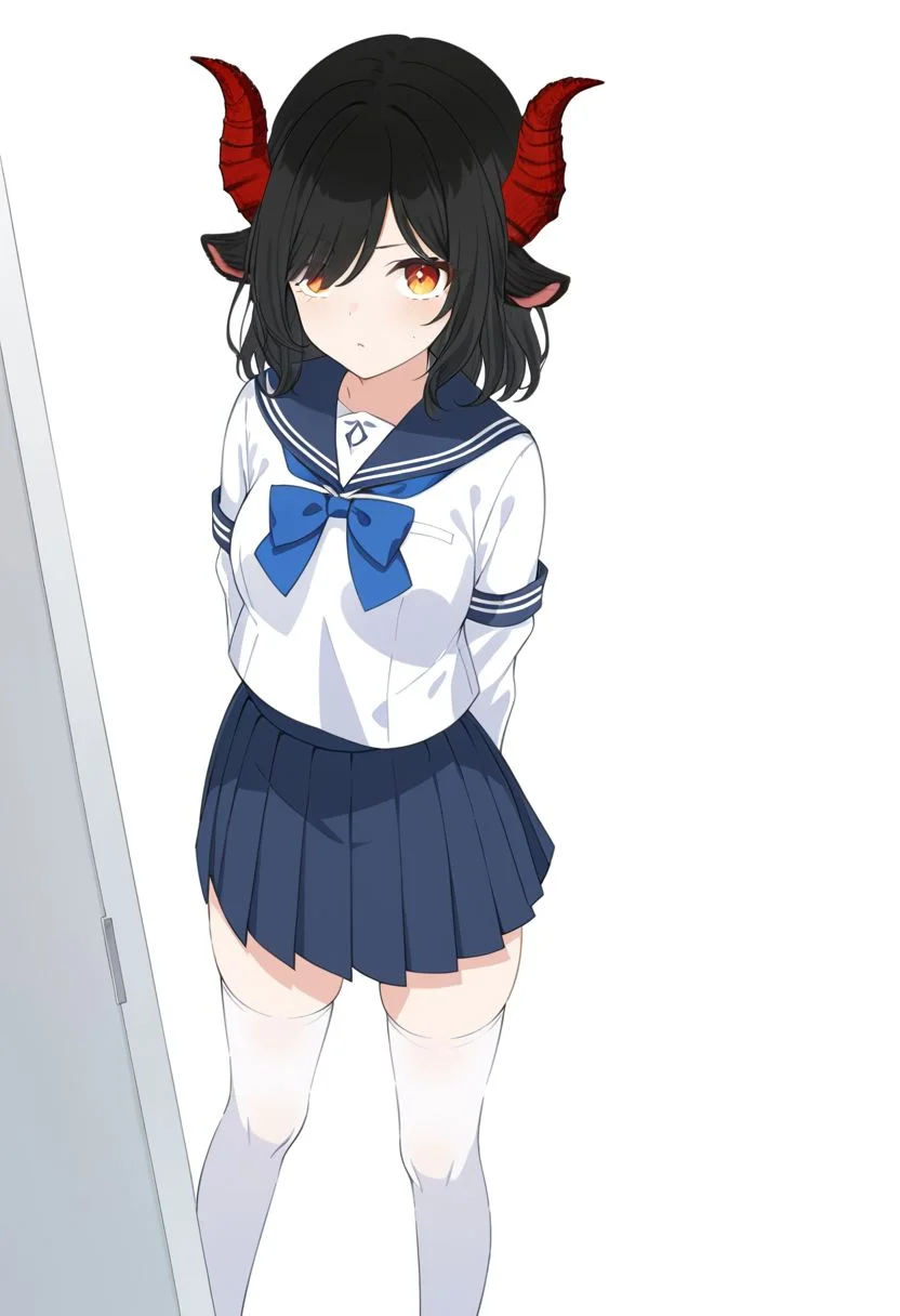 ((best quality)), ((highly detailed)), masterpiece, ((official art)), detailed face, beautiful face, (detailed eyes, deep eyes),anime style,white background, full body, 1girl,small breasts, 1 girl, solo, jet black hair, orange eyes, black goat ears only, red goat horns, medium hair, orange eyes, blue eyeliner, no human ears, (masterpiece:1.3), (high resolution), (8K), (extremely detailed), (4k), (pixiv), perfect face, nice eyes and face, (best quality), (super detailed), detailed face and eyes, (solo), textured skin, <lora:urabe_mikoto-09:0.7>, urabewz, school uniform, serafuku, pleated skirt, black hair, (hair over one eye), standing, indoors, looking at viewer, classroom, blue uniform bow, white uniform blouse, very dark navy blue uniform skirt, white calf-length stockings