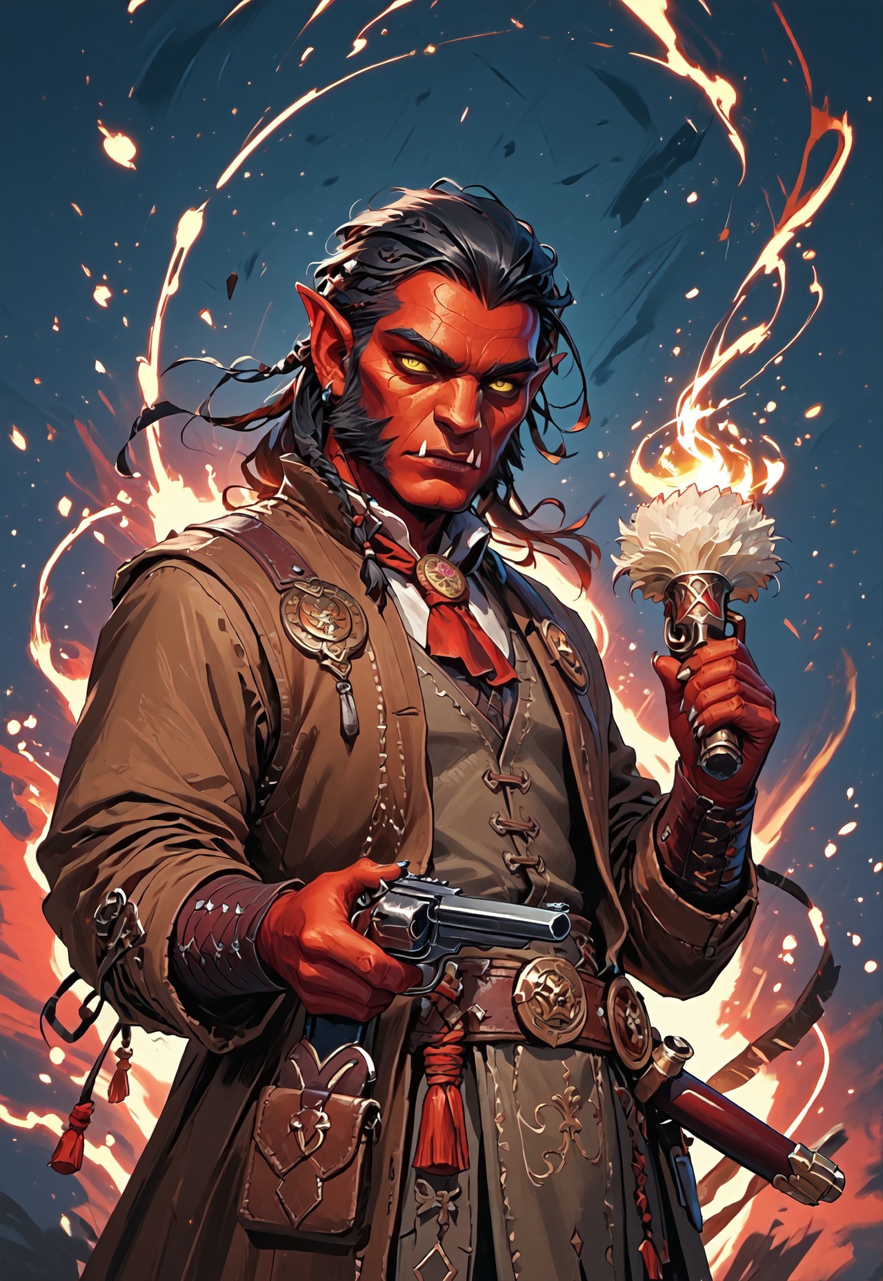 ((zPDXL3)), ((masterpiece,best quality, highly detailed)), ((score_9)), score_8_up, score_7_up, score_6_up, score_5_up, score_4_up, Digital painting style, brushstrokes, ((EnhanceImage)), solo, 1boy, Hobgoblin, red skin, yellow eyes, fangs, big nose, mutton chops, black hair, duster coat, brown coat, cowboy hat, cowboy, vest, shirt, holding revolver, revolver, 1 revolver, gunslinger, swm29,
Expressiveh, 30yo, 
chinese magical sorceress, animated, swirling magic, wisps of magic, magical accessories, evoking motion, conveying motion, dynamic splash art, ((handfixer)), four fingers, one thumb, 
<lora:PainterlyFantasiaPDXL:0.6>,