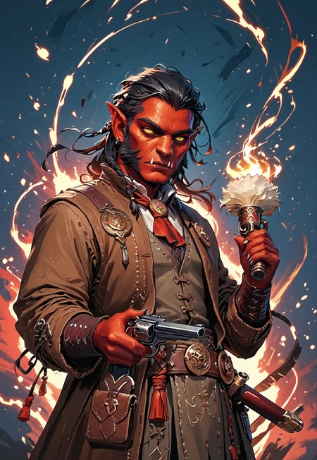 ((zPDXL3)), ((masterpiece,best quality, highly detailed)), ((score_9)), score_8_up, score_7_up, score_6_up, score_5_up, score_4_up, Digital painting style, brushstrokes, ((EnhanceImage)), solo, 1boy, Hobgoblin, red skin, yellow eyes, fangs, big nose, mutton chops, black hair, duster coat, brown coat, cowboy hat, cowboy, vest, shirt, holding revolver, revolver, 1 revolver, gunslinger, swm29,
Expressiveh, 30yo,
chinese magical sorceress, animated, swirling magic, wisps of magic, magical accessories, evoking motion, conveying motion, dynamic splash art, ((handfixer)), four fingers, one thumb,
<lora:PainterlyFantasiaPDXL:0.6>,