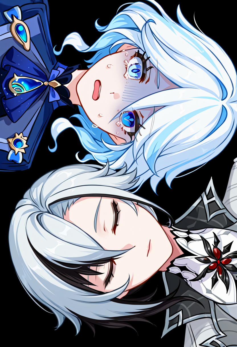 masterpiece, high quality, absurdres, lying parallel, upper body, rotational symmetry, lying, black background, 2girls, f
BREAK
furina \(genshin impact\), crying with eyes open, tears, open mouth, turn pale, 
BREAK
arlecchino \(genshin impact\), closed mouth, closed eyes, sleeping, 
<lora:Lying_parallel:1>